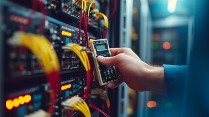 A technician's hands holding a multimeter in a server room, Electronic control panel