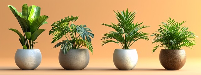 four different houseplants, each potted in unique container. Bird of Paradise, Monstera deliciosa, parlor palm, Kimberly Queen on orange background