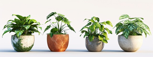 Lush Greenery Display: Pothos, Monstera, Peace Lily, and Chinese Evergreen in Textured Pots on Light Background