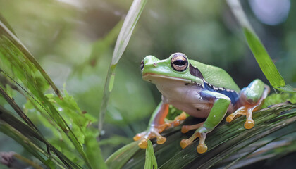 A frog sitting on the grass, beautiful green animal, zoom in