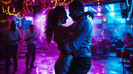 Fototapeta na wymiar A passionate couple immerses themselves in the vibrant energy of a salsa dance, gracefully moving their bodies to the rhythm of the music in a crowded and energetic nightclub.