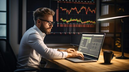 A financial trading manager analyzes stock market performance to determine the best investment strategy, financial data and charts.