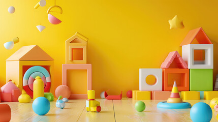 .bright children's room with toys, cubes, balls, pyramids. Yellow wall