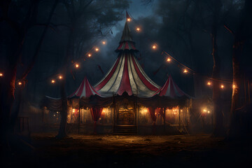  circus with a red tent against at night in the dark, carousel ,lamps,black,,sky,moon light