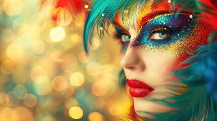 Woman's face in Mardi Gras carnival makeup with empty space AI generated image