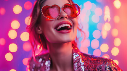 beautiful young smiling woman wearing heart shaped glasses on shiny background, party, valentine's day, romance, fashion, love, style, girl, portrait, face, holiday, dancing, club, disco