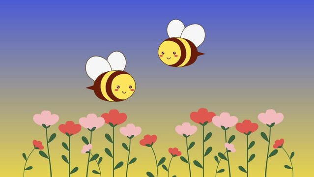 Spring bees and flowers animation with gradient background in blue and yellow
