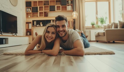 A happy married couple, a young girl and a  man are lying on the floor in the modern interior of the living room after buying  house.