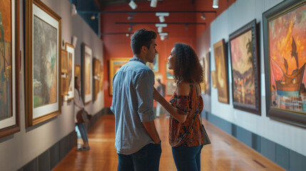 A loving couple, wearing stylish outfits, embarks on an enchanting journey through a captivating art gallery, engaged in animated conversation about the thought-provoking artworks.