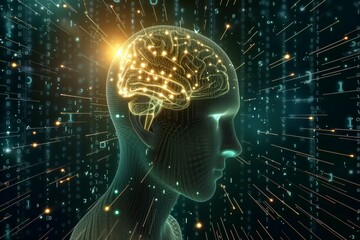 Fototapeta premium Human head with a luminous brain network, consciousness, artificial intelligence