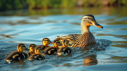 Mallard female duck with ducklings swims on a lake