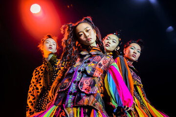 Fototapeta premium A stunning image showcasing a group of fashion models on the runway in vibrant, trendy designer clothes at a fashion show event.