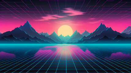 neon lights mountain landscape, Lofi  background