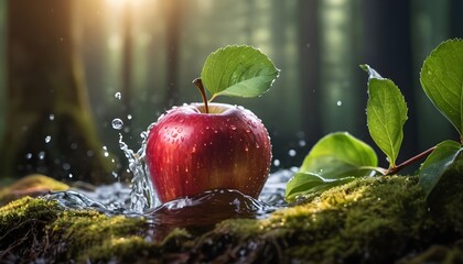 red apple with water drops