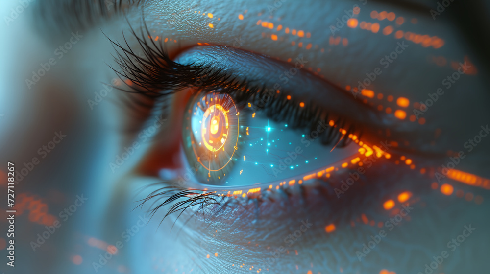 Poster female eye close up with smart contact lens with digital and bio-metric implants to scanning the ocu