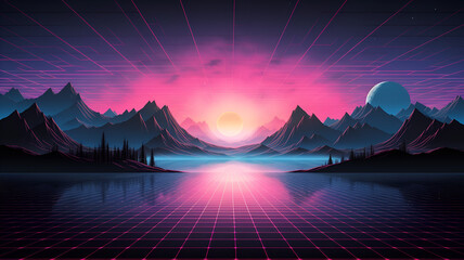 neon lights mountain landscape, Lofi  background