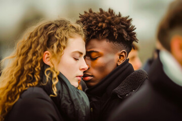 Intimate moment between a young multiracial couple showing affection and tenderness on a serene day.