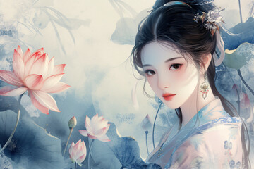 Fototapeta premium Summer solstice solar term pond lotus classical beauty illustration, Beginning of summer fresh beauty landscape painting poster wallpaper