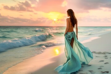 Fototapeta na wymiar Elegant woman in flowing dress walking on the beach at sunset with waves gently breaking in the background.