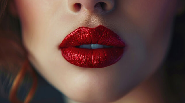 close-up of seductive female lips, painted with dark red lipstick