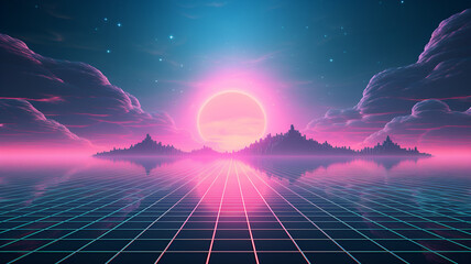 neon lights mountain landscape, Lofi  background