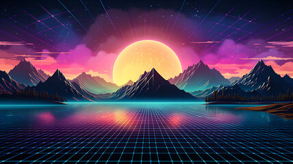 neon lights mountain landscape, Lofi  background
