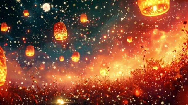 floating lanterns and a dreamy night sky, loop video background animation, cartoon anime style, for vtuber / streamer backdrop