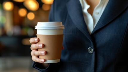 Close up of professional businesswoman holding an empty coffee to go paper cup in her hand