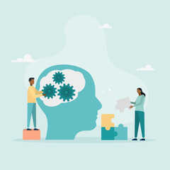 Psychology. Psychotherapeutic practice, psychological assistance, psychiatrist consultations. Modern flat cartoon style. Vector illustration.
