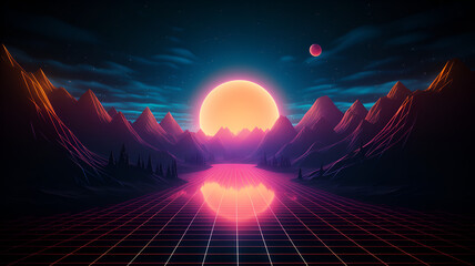 neon lights mountain landscape, Lofi  background