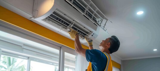 Technician changing and checking filters in domestic air conditioning split system with copy space