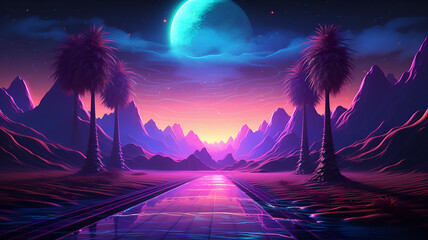 neon lights mountain landscape, Lofi  background