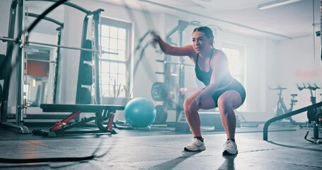 Gym, fitness and woman with battle rope wave for muscle growth, strength development and power exercise. Fast action, endurance and athlete resilience in intense workout, challenge and hard work