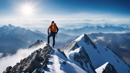 Naklejka na ściany i meble A man standing on snow mountain peak, Travel concept, goals, achievements