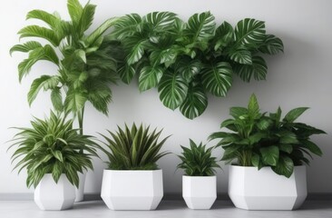 Obraz premium A variety of green houseplants in modern white pots against a light wall, adding freshness to minimalist interior design