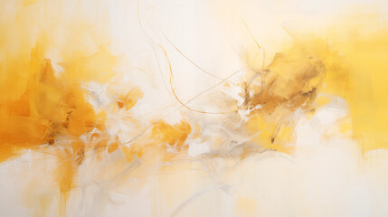 Abstract grunge background with yellow spreading liquid strokes of watercolor paints.