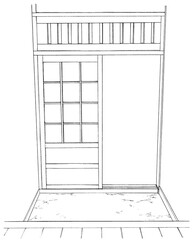 漫画風ペン画イラスト　和風_囲炉裏 風呂 玄関 小物