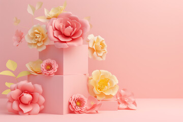 3d render botanical background cube pedestal decorated with pink yellow flower.