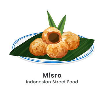 Hand drawn vector illustration of combro Indonesian fritter made from grated cassava stuffed with palm sugar
