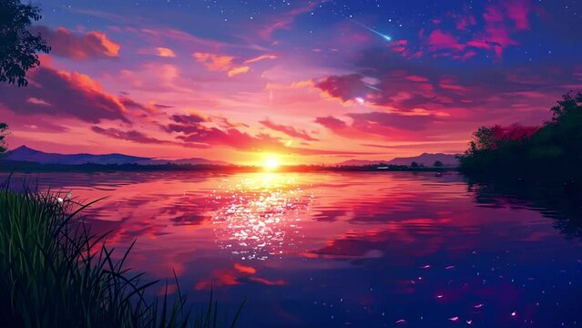 sunset over a calm lake, loop video background animation, cartoon anime style, for vtuber / streamer backdrop