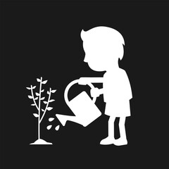 A child watering a tree on a dark background.