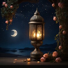 A daytime scene featuring an Arabic lantern casting a warm glow, with a crescent moon shining