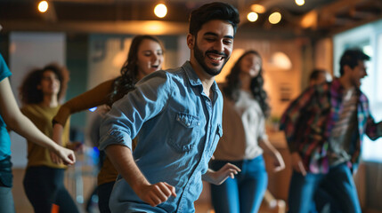 Group of friends enjoying a salsa dancing class, effortlessly moving to the rhythm and having a blast. - obrazy, fototapety, plakaty