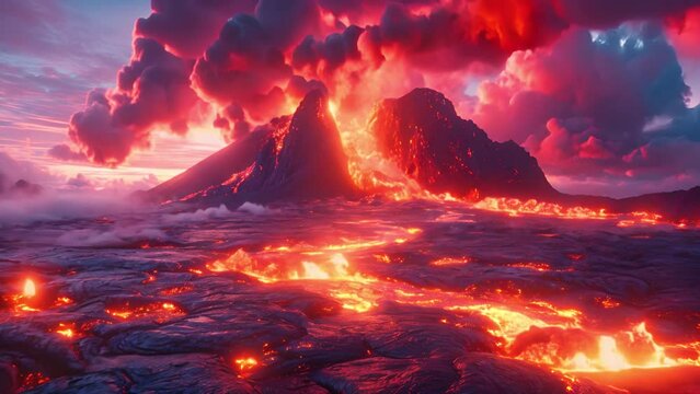 Volcanic eruption. Red glowing lava flows from a volcano. View of the crater from above. Steam and smoke near the crater. cooled magma around craters. clouds in the sky at day 4k mp4
