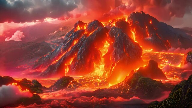 Volcanic eruption. Red glowing lava flows from a volcano. View of the crater from above. Steam and smoke near the crater. cooled magma around craters. clouds in the sky at day 4k mp4