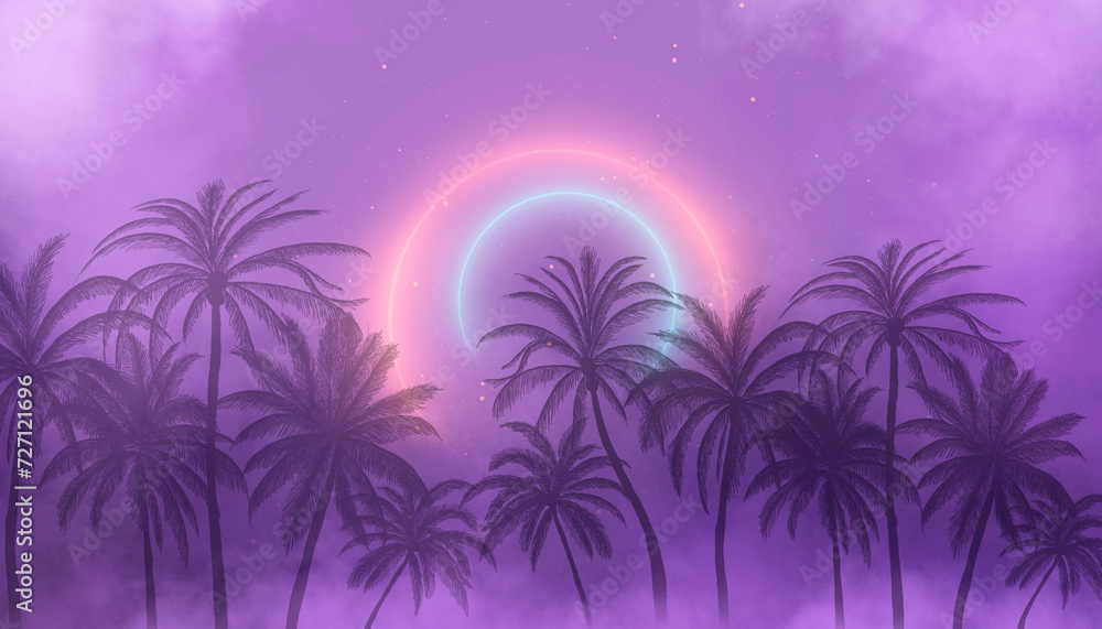 Wall mural silhouettes of tropical palm trees on a background of abstract background with neon glow.