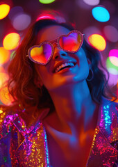 Obraz na płótnie Canvas beautiful young smiling woman wearing heart shaped glasses on shiny background, party, valentine's day, romance, fashion, love, style, girl, portrait, face, holiday, dancing, club, disco
