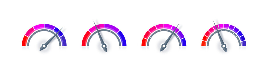 red, lilac, magenta, navy blue speedometer. semicircle speedometer. four-option dial concept. speedometer for sport, education, business