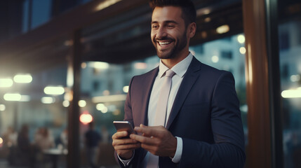 portrait of a businessman smiling while using his phone, smiling person portrait, businessman in blue suit