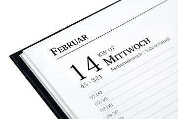 Deutscher Kalender Datum 14. Februar 2024 Aschermittwoch und Valentinstag Mittwoch